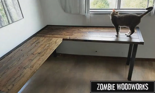 Custom L-Shaped Desk Reclaimed Distressed Industrial Style with 2x2 legs, large keyboard tray, wood drawer, free shipping