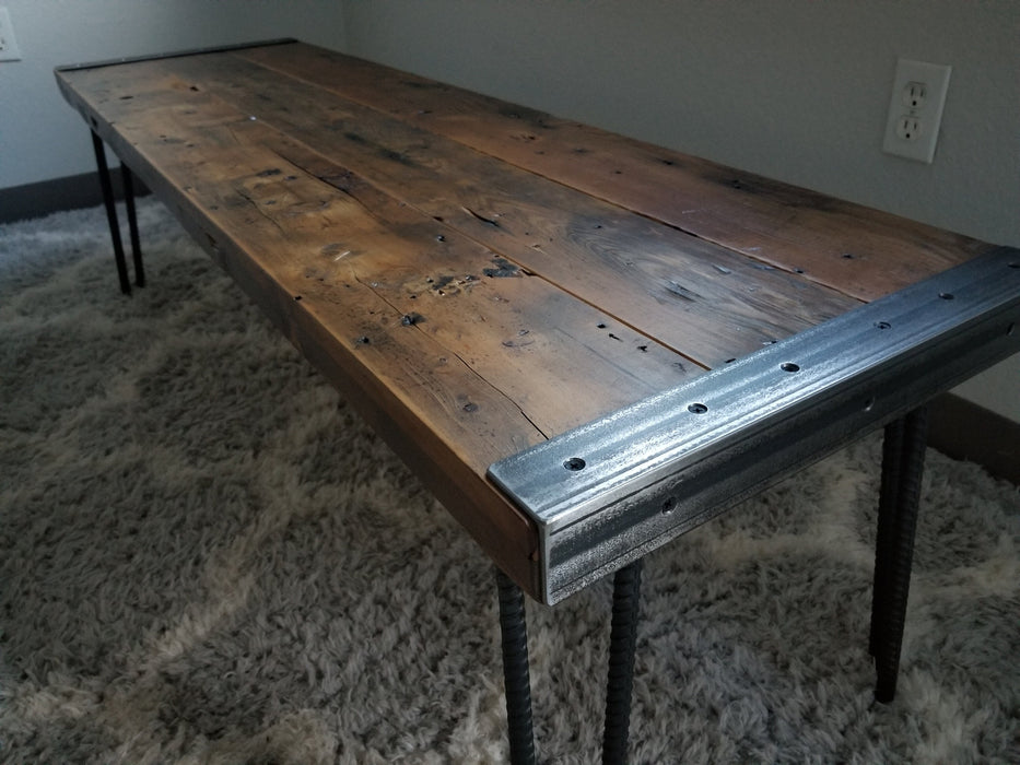 Clearance Sale! Reclaimed Distressed Custom Built Industrial Bench with Heavy Duty Rebar Hairpin Legs, Lots of Character.