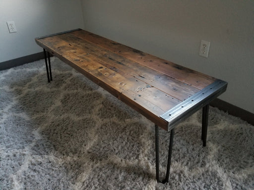 Clearance Sale! Reclaimed Distressed Custom Built Industrial Bench with Heavy Duty Rebar Hairpin Legs, Lots of Character.