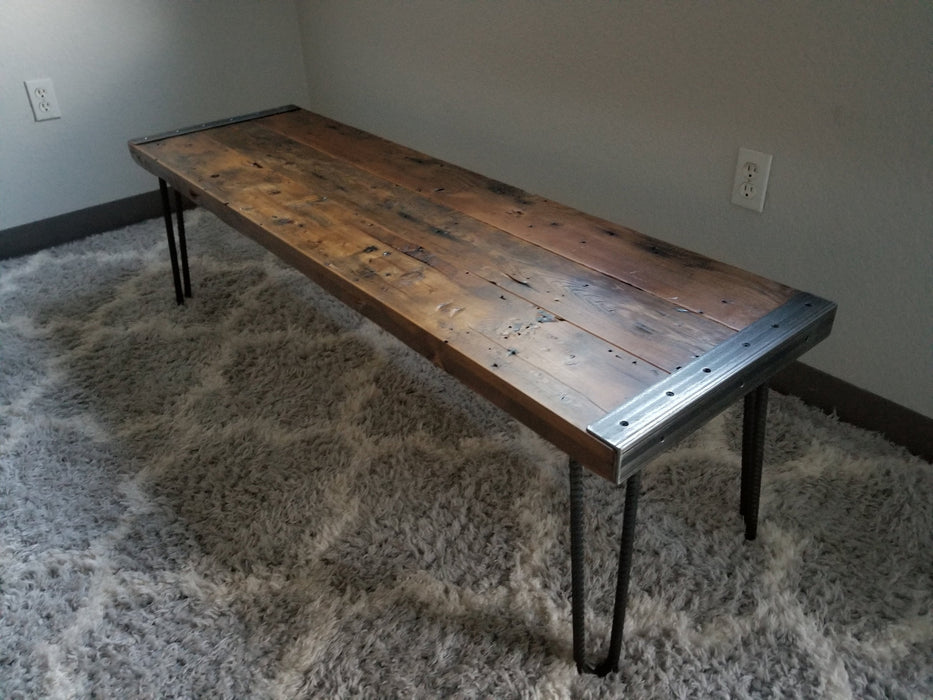 Clearance Sale! Reclaimed Distressed Custom Built Industrial Bench with Heavy Duty Rebar Hairpin Legs, Lots of Character.