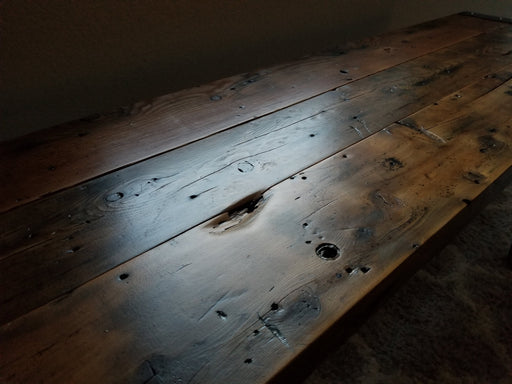 Clearance Sale! Reclaimed Distressed Custom Industrial Bench, wood, straight steel 2x2 legs, Lots of Character.