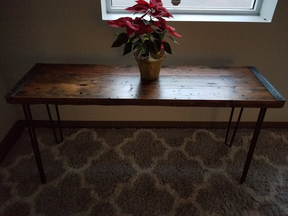 Clearance Sale! Reclaimed Distressed Sofa table made with Hairpin legs made. Lots of Character.