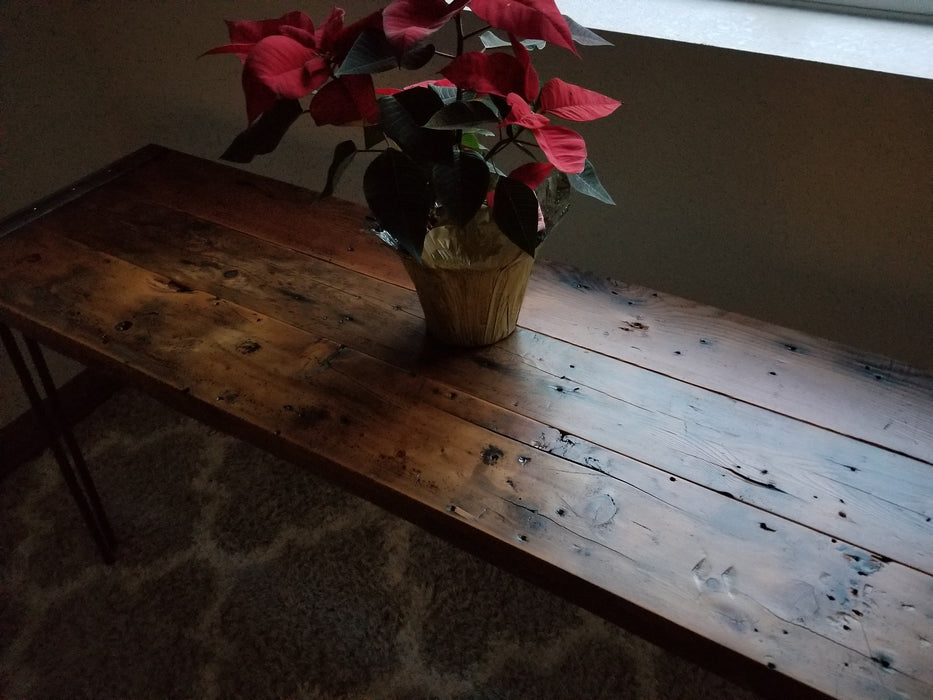 Clearance Sale! Reclaimed Distressed Sofa table made with Hairpin legs made. Lots of Character.