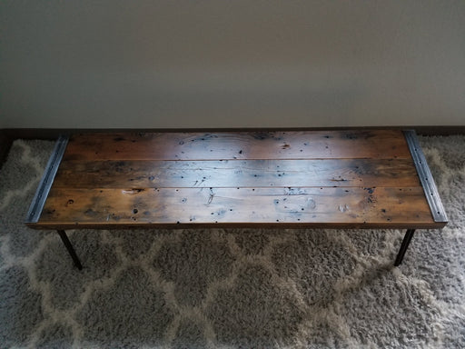 Clearance Sale! Reclaimed Distressed Custom Built Industrial Bench with Heavy Duty Rebar Hairpin Legs, Lots of Character.