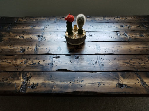 Clearance Sale! Tortured Reclaimed Distressed Industrial Wood Dining Table with rebar hairpin legs