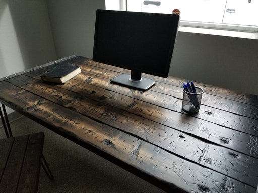 Clearance Sale! Tortured Reclaimed Distressed Industrial Wood Desk with rebar hairpin legs