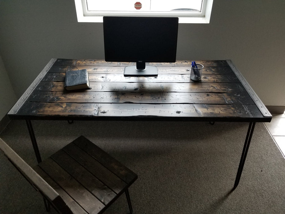 Clearance Sale! Tortured Reclaimed Distressed Industrial Wood Desk with rebar hairpin legs