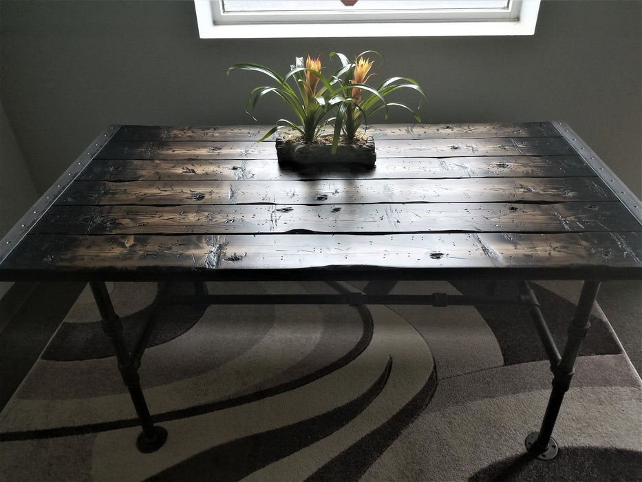 Clearance Sale! Tortured Reclaimed Distressed Industrial Dining Table with pipe legs