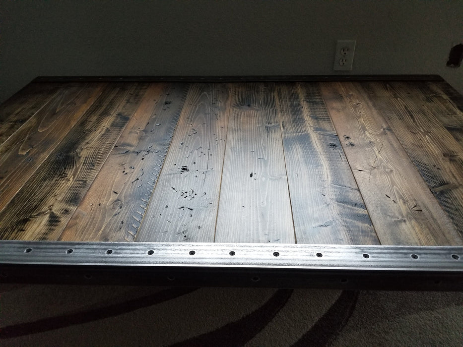 Clearance Sale! Reclaimed Distressed Custom Made Industrial Coffee Table, Wood, raw steel trim and straight steel