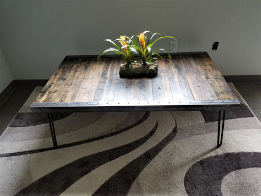 Clearance Sale! Reclaimed Distressed Custom built Industrial Coffee Table, Wood, raw steel trim and hairpin legs