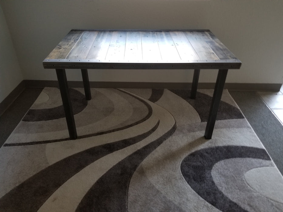 Clearance Sale! Reclaimed Distressed Custom built Industrial desk with raw steel trim and straight steel legs