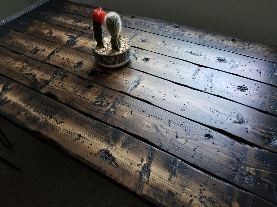 Clearance Sale! Tortured Reclaimed Distressed Industrial Standing Desk Wood with rebar hairpin legs