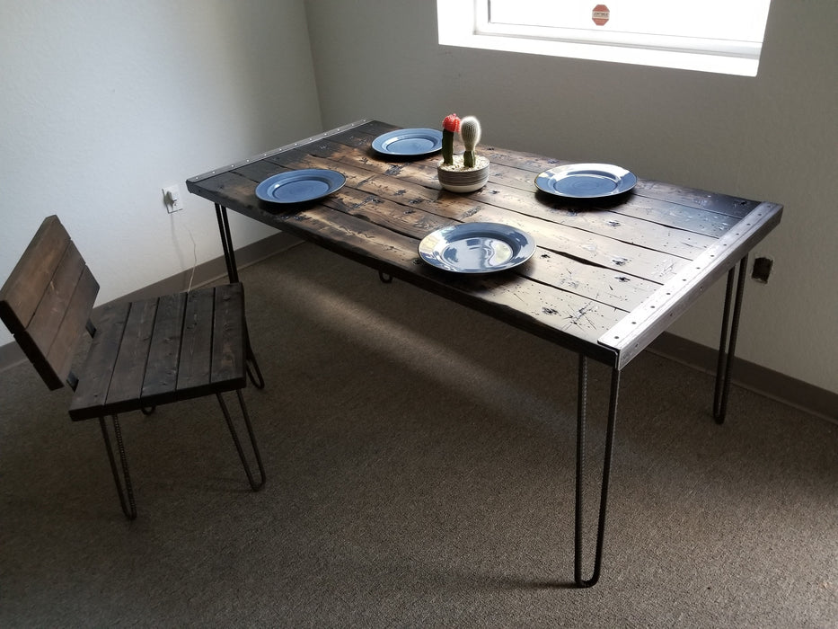 Clearance Sale! Tortured Reclaimed Distressed Industrial Wood Dining Table with rebar hairpin legs