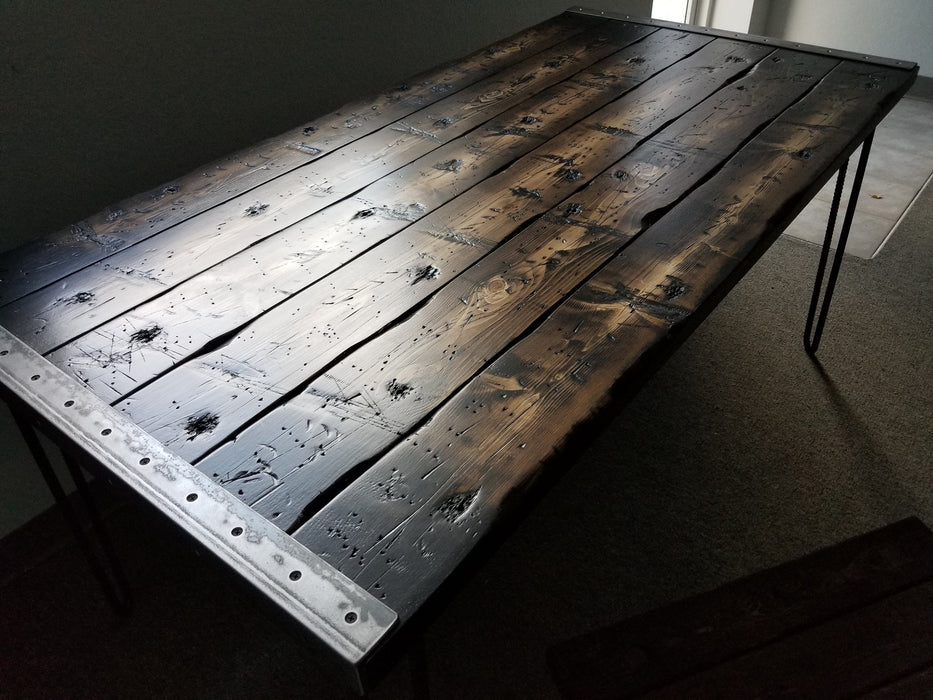 Clearance Sale! Tortured Reclaimed Distressed Industrial Wood Desk with rebar hairpin legs