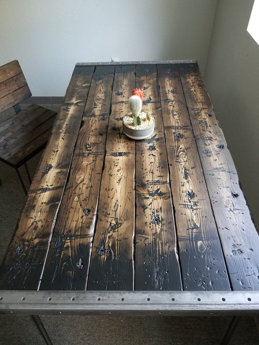 Clearance Sale! Tortured Reclaimed Distressed Industrial Office Desk with straight steel 2x2 legs