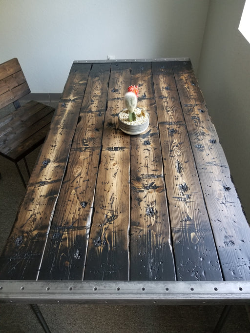 Clearance Sale! Tortured Reclaimed Distressed Industrial Wood Desk with rebar hairpin legs