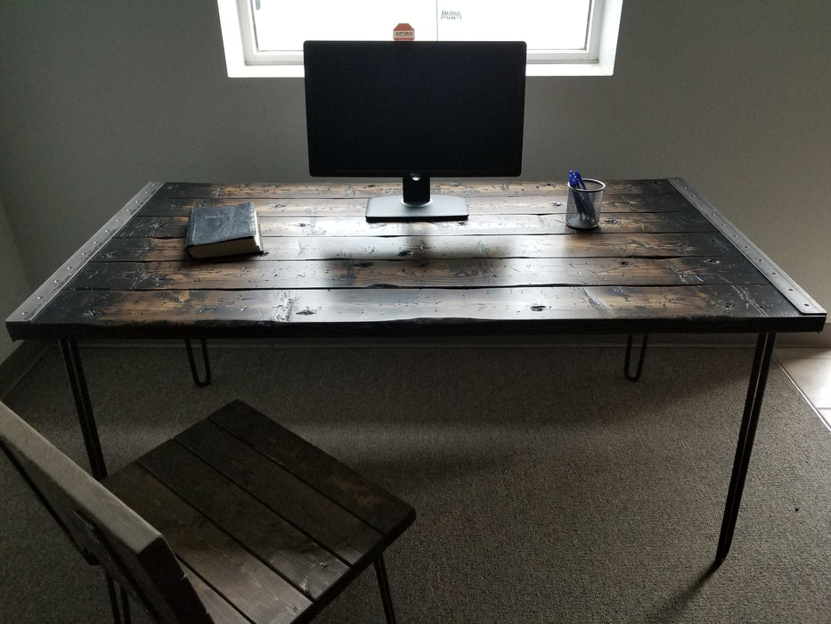 Clearance Sale! Tortured Reclaimed Distressed Industrial Standing Desk Wood with rebar hairpin legs