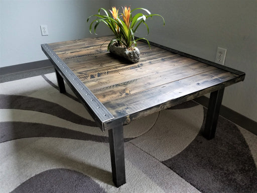 Clearance Sale! Reclaimed Distressed Custom Made Industrial Coffee Table, Wood, raw steel trim and straight steel