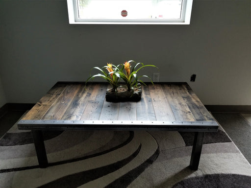 Clearance Sale! Reclaimed Distressed Custom Made Industrial Coffee Table, Wood, raw steel trim and straight steel