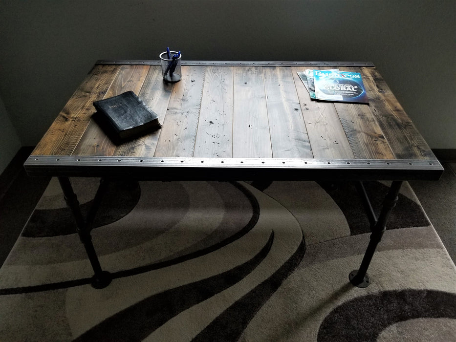 Clearance Sale! Reclaimed Distressed Desk with Pipe legs, well built, Quality, Character, Customizable.