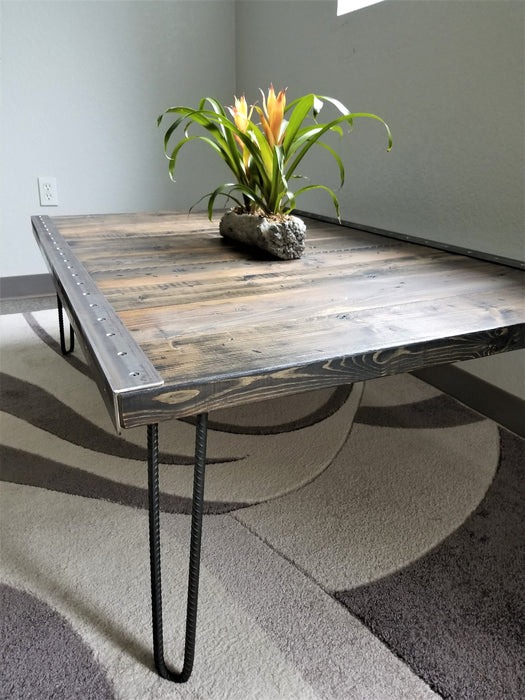 Clearance Sale! Reclaimed Distressed Custom built Industrial Coffee Table, Wood, raw steel trim and hairpin legs