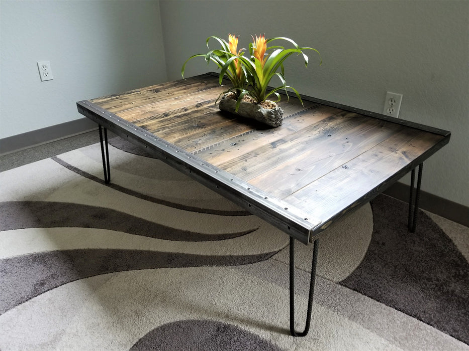 Clearance Sale! Reclaimed Distressed Custom built Industrial Coffee Table, Wood, raw steel trim and hairpin legs