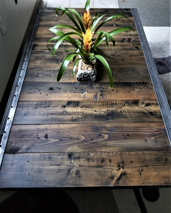 Clearance Sale! Reclaimed Distressed Custom built Industrial Coffee Table, Wood, raw steel trim and hairpin legs