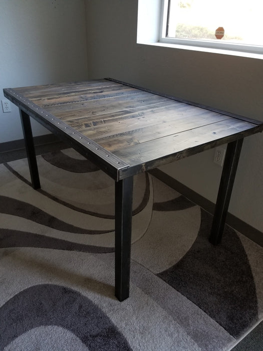 Clearance Sale! Reclaimed Distressed Custom built Industrial desk with raw steel trim and straight steel legs