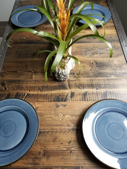 Clearance Sale! Reclaimed Distressed Dining Table with 2x2 legs//Custom built Industrial raw steel trim and straight steel legs.