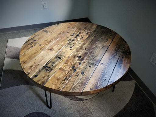 Clearance Sale! Reclaimed Distressed Round Coffee Table. Heavy Duty Rebar Hairpin legs. Choose size and height.