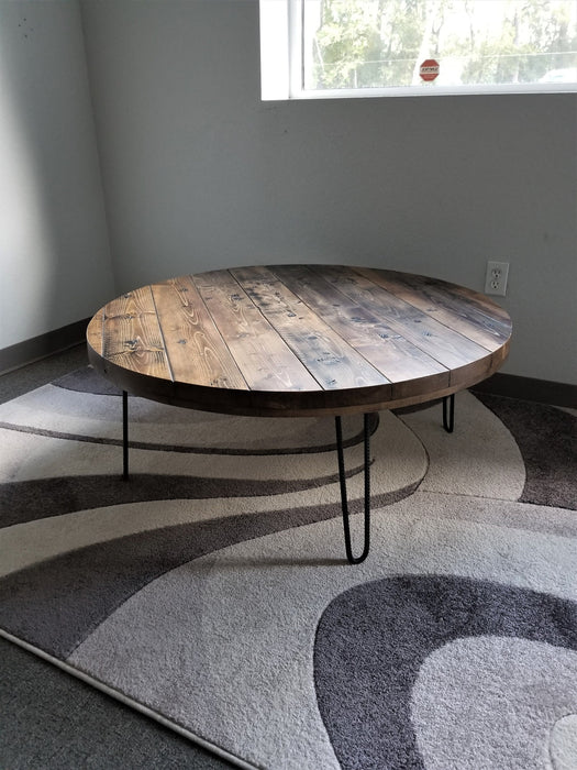 Clearance Sale! Reclaimed Distressed Round Coffee Table. Heavy Duty Rebar Hairpin legs. Choose size and height.