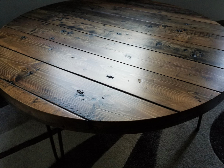 Clearance Sale! Reclaimed Distressed Old Round Dining Table with Heavy Duty Rebar Hairpin legs