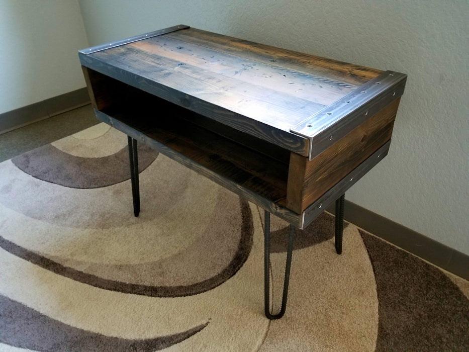 Clearance Sale! Industrial End, Side Table, TV Stand Reclaimed Distressed Wood with hairpin legs