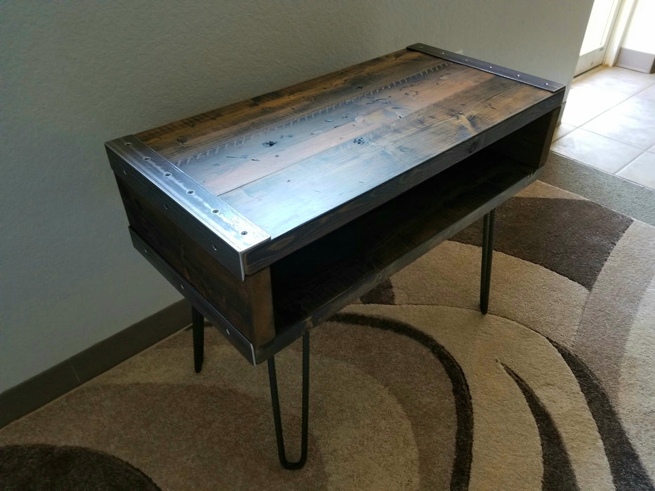 Clearance Sale! Industrial End, Side Table, TV Stand Reclaimed Distressed Wood with hairpin legs