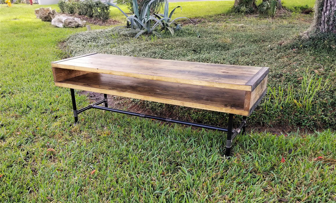 Clearance Sale! Large Industrial Coffee, Side Table, TV Stand, Shoe Bench Reclaimed Distressed Wood with Pipe Legs