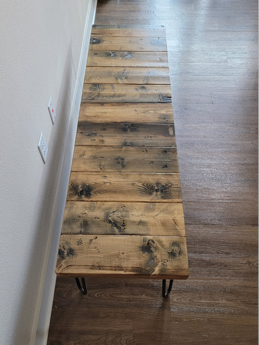 Sale! Wooden Thick and Chunky Bench Reclaimed Distressed Custom built Industrial style, Heavy Duty Rebar hairpin legs, Lots of Character.