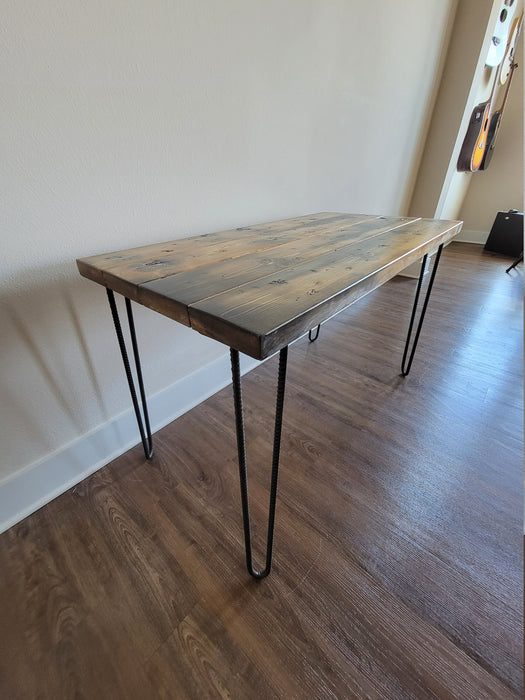 Clearance Sale! Killer Wood Desk Reclaimed Distressed Industrial Desk with Rebar Hairpin Legs