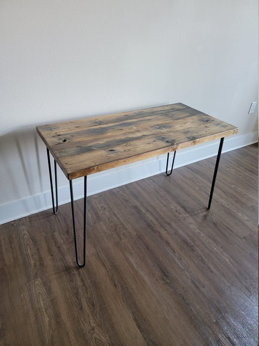 Clearance Sale! Killer Wood Desk Reclaimed Distressed Industrial Desk with Rebar Hairpin Legs