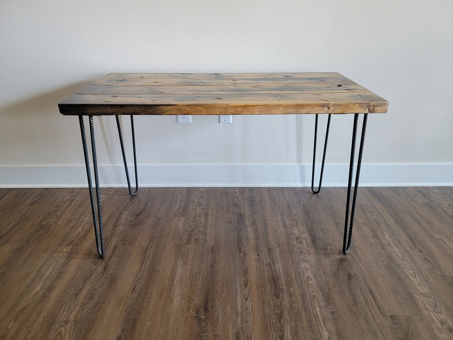 Clearance Sale! Killer Wood Desk Reclaimed Distressed Industrial Desk with Rebar Hairpin Legs