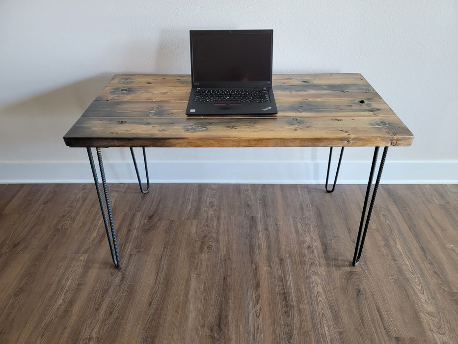 Clearance Sale! Killer Wood Desk Reclaimed Distressed Industrial Desk with Rebar Hairpin Legs