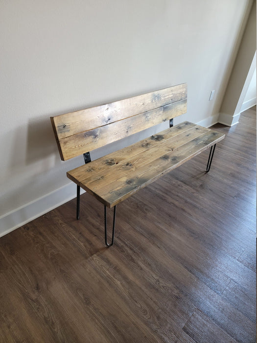 Sale! Killer Bench with Back Reclaimed Distressed Solid Wood Industrial Comfortable Unique Design with Heavy Duty Rebar Hairpin Legs