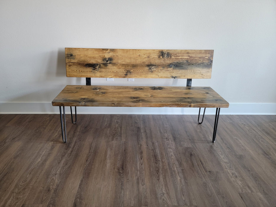 Sale! Killer Bench with Back Reclaimed Distressed Solid Wood Industrial Comfortable Unique Design with Heavy Duty Rebar Hairpin Legs