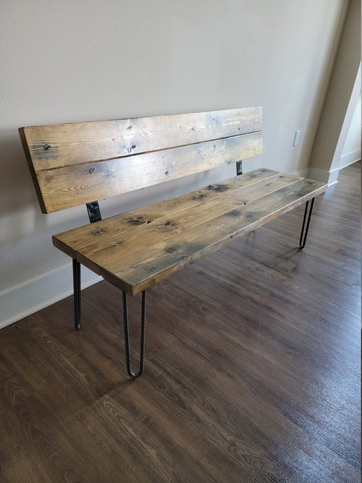 Sale! Killer Bench with Back Reclaimed Distressed Solid Wood Industrial Comfortable Unique Design with Heavy Duty Rebar Hairpin Legs