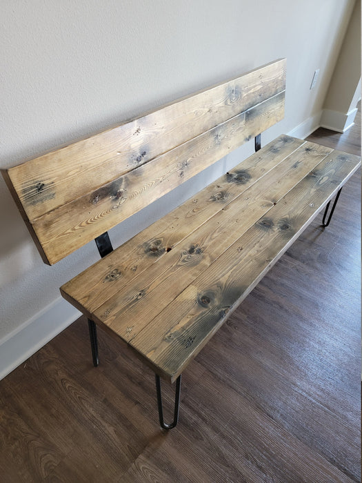 Sale! Killer Bench with Back Reclaimed Distressed Solid Wood Industrial Comfortable Unique Design with Heavy Duty Rebar Hairpin Legs