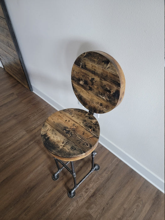 Round Industrial Stool with Back and Iron Pipe Legs any size or height