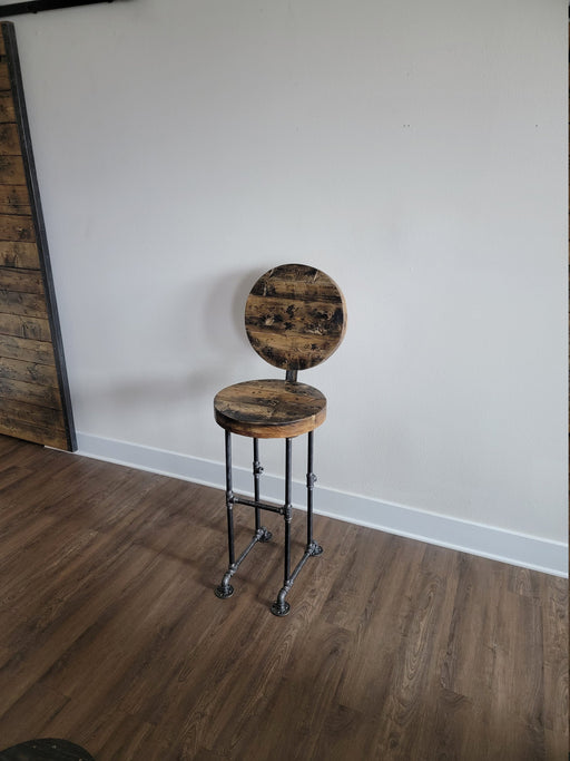Round Industrial Stool with Back and Iron Pipe Legs any size or height
