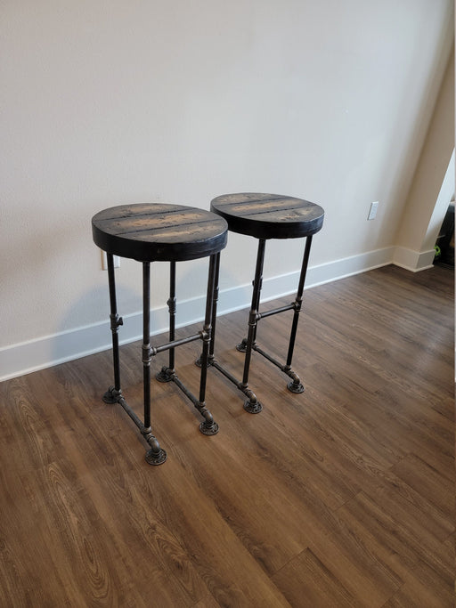 One Tortured Round Industrial Bar Stool with Pipe Legs any size or height