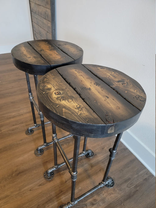 One Tortured Round Industrial Bar Stool with Pipe Legs any size or height