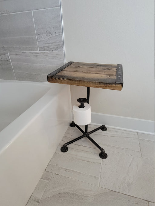 Industrial Toilet Paper Holder Reclaimed Distressed Wood and Iron Pipes / Bathtub & Shower Table