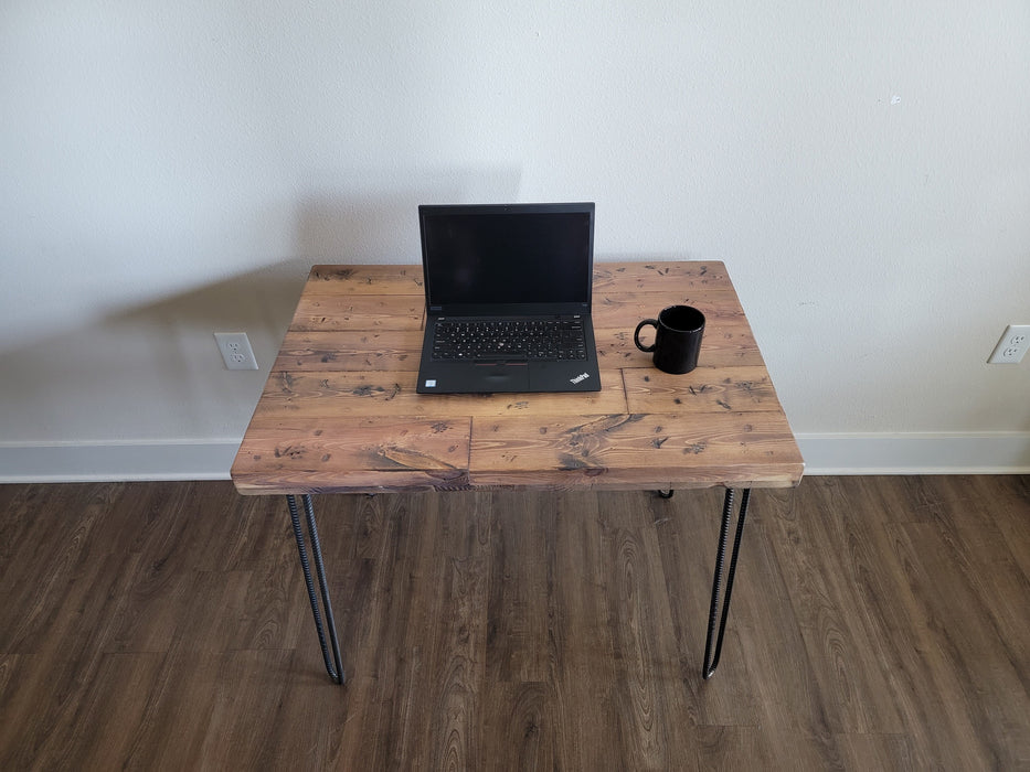 Sale! Chunky Log Reclaimed Distressed Industrial Wood Desk with rebar hairpin legs